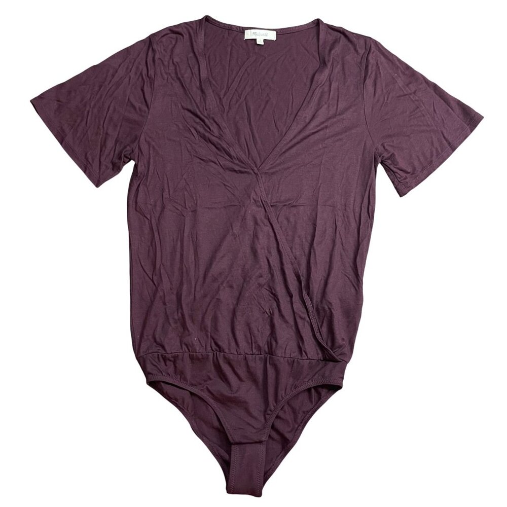 Madewell Short Sleeve Wrap‎ Bodysuit Women's S Burgundy 100% Lyocell V-Neck NEW